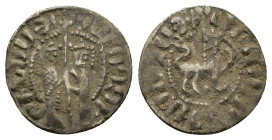 Cilician Armenia, Hetoum I and Zabel (1226-1270). AR Tram (19mm, 2.93g). Zabel and Hetoum standing facing, holding long cross between them. R/ Lion wa...