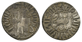 Cilician Armenia, Hetoum I and Zabel (1226-1270). AR Tram (20mm, 3.04g). Zabel and Hetoum standing facing, holding long cross between them. R/ Lion wa...