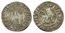 Cilician Armenia, Hetoum I and Zabel (1226-1270). AR Tram (20mm, 2.83g). Zabel and Hetoum standing facing, holding long cross between them. R/ Lion wa...