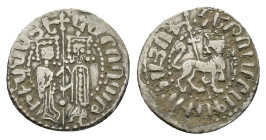 Cilician Armenia, Hetoum I and Zabel (1226-1270). AR Tram (15mm, 1.49g). Zabel and Hetoum standing facing, holding long cross between them. R/ Lion wa...