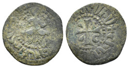 Cilician Armenia, Hetoum I (1226-1270). Æ Kardez (21.5mm, 3.67g). Sis mint. Hetoum seated facing on bench, holding lis-tipped sceptre and globus cruci...