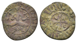 Cilician Armenia, Hetoum I (1226-1270). Æ Kardez (20mm, 3.58g). Sis mint. Hetoum seated facing on bench, holding lis-tipped sceptre and globus crucige...