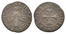 Cilician Armenia. Gosdantin I (1298-1299). Æ Kardez (19mm, 2.12g). Sis mint. Gosdantin standing facing, holding sword and cross. R/ Cross pattée, with...