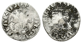 Cilician Armenia, Levon II (1270-1289). AR Tram (20mm, 2.62g). Levon r. on horseback. R/ Crowned lion advancing l., head facing; patriarchal cross beh...