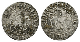 Cilician Armenia, Levon II (1270-1289). AR Tram (19mm, 2.54g). Levon r. on horseback. R/ Crowned lion advancing l., head facing; patriarchal cross beh...