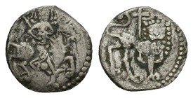 Cilician Armenia, Levon II (1270-1289). AR Half Tram (13mm, 1.32g). Levon r. on horseback. R/ Crowned lion advancing l., head facing; patriarchal cros...