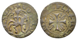 Cilician Armenia, Smpad (1296-1298). Æ Pogh (17mm, 1.41g). Smpad on horseback r., holding sceptre. R/ Cross pattée with fleurs-de-lis in angles. Cf. C...