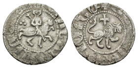 Cilician Armenia, Levon III (1301-1307). AR Takvorin (20mm, 2.38g). Oshin on horseback riding r., head facing, holding mace; three pellets to l. R/ Li...