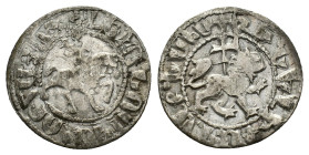 Cilician Armenia, Levon III (1301-1307). AR Takvorin (21mm, 2.31g). Levon on horseback riding r., head facing, holding sceptre and reins. R/ Lion adva...