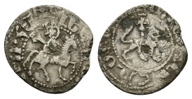 Cilician Armenia, Levon III (1301-1307). AR Takvorin (18mm, 1.93g). Levon on horseback riding r., head facing, holding sceptre and reins. R/ Lion adva...