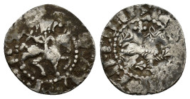 Cilician Armenia, Levon III (1301-1307). AR Takvorin (18mm, 2.07g). Levon on horseback riding r., head facing, holding sceptre and reins. R/ Lion adva...