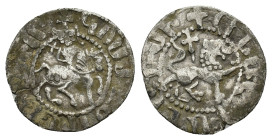 Cilician Armenia, Levon III (1301-1307). AR Takvorin (19mm, 1.93g). Levon on horseback riding r., head facing, holding sceptre and reins. R/ Lion adva...