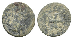 Cilician Armenia, Levon IV ? (1320-1342). Æ Pogh (14.5mm, 1.42g). Sis mint. Levon seated facing, holding sceptre and globus cruciger. R/ Cross within ...