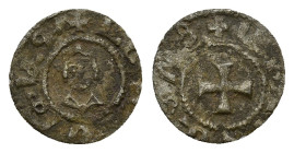 Cilician Armenia, Levon V (1374-1393). BI Denier (12mm, 0.48g). Crowned facing bust. R/ Short cross pattée. Cf. CCA 2237. Good Fine