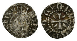Cilician Armenia, Levon V (1374-1393). BI Denier (12mm, 0.49g). Crowned facing bust. R/ Short cross pattée. Cf. CCA 2239. Good Fine