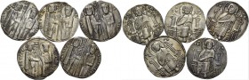 Jacopo Tiepolo doge XLIII, 1229-1249. Lotto di cinque monete. Grosso (5). CNI manca, 1 var., 4, 5, 10. Paolucci 1.
 Da BB a q.Spl