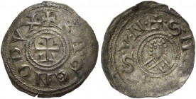 Ranieri Zeno doge XLV, 1253-1268. Bianco scodellato, Mist. 0,47 g. + RA GЄNO DVX Croce patente accantonata da cunei. Rv. + S MARCVS V N Busto frontale...