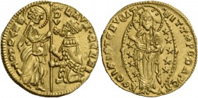 Lorenzo Celsi doge LVIII, 1361-1365. Ducato, AV 3,51 g. LAVR•CELSI – SM VENETI S. Marco nimbato, stante a s., porge il vessillo al doge genuflesso; lu...