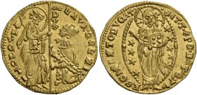 Lorenzo Celsi doge LVIII, 1361-1365. Ducato, AV 3,54 g. LAVR•CELSI• – SM VENETI S. Marco nimbato, stante a s., porge il vessillo al Doge genuflesso. L...