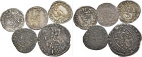Marco Corner doge LVIII, 1365-1368. Lotto di cinque monete. Soldino (3). CNI 3, 5, 10. Paolucci 2. Tornesello. CNI 23. Paolucci 4. Falso d’epoca in ra...