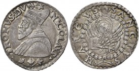Nicolò Tron doge LXVIII, 1471-1473. Trono o lira da 20 soldi, AR 6,40 g. Foglia d’edera NICOLAVS – ramo con foglie d’edera – TRONVS DVX Busto con corn...