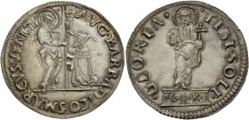Agostino Barbarigo doge LXXIV, 1486-1501. Mocenigo o lira, AR 6,50 g. AVG BARBADICO S MARCVS VENET S. Marco nimbato, stante a s., porge il vessillo al...