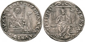 Leonardo Loredan doge LXXV, 1501-1521. Da 16 soldi, AR 4,72 g. LEONAR L – AVRED – DVX S M VENET S. Marco nimbato, seduto in trono a s., porge il vessi...