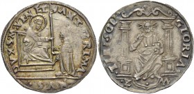 Antonio Grimani doge LXXVI, 1521-1523. Da 16 soldi, AR 4,84 g. ANT GRIMA – NVS – DVX S M VENET S. Marco nimbato, seduto in trono a s., porge il vessil...