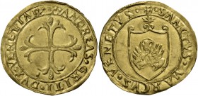 Andrea Gritti doge LXXVII, 1523-1538. Scudo, AV 3,40 g. + ANDREAS GRITI DVX VENETIAR Croce ornata e fiorata. Rv. + SANCTVS MARCVS VENETVS Leone in sol...