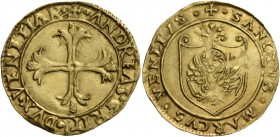 Andrea Gritti doge LXXVII, 1523-1538. Scudo, AV 3,35 g. + ANDREAS GRITI DVX VENETIAR Croce ornata e fiorata. Rv. + SANCTVS MARCVS VENETVS Leone in sol...