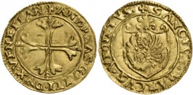 Andrea Gritti doge LXXVII, 1523-1538. Scudo, AV 3,38 g. + ANDREAS GRITI DVX VENETIAR Croce ornata e fiorata. Rv. + SANCTVS MARCVS VENETVS Leone in sol...