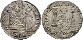 Andrea Gritti doge LXXVII, 1523-1538. Da 16 soldi, AR 4,84 g. ANDREAS – GRITI – DVX S M VENET S. Marco nimbato, seduto in trono a s., porge il vessill...