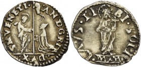 Andrea Gritti doge LXXVII, 1523-1538. Da 4 soldi nuovo tipo, AR 1,05 g. AND GRI – DVX – S M VENETI S. Marco nimbato, stante a s., porge il vessillo al...