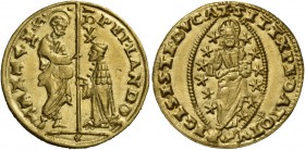 Pietro Lando doge LXXVIII, 1539-1545. Ducato, AV 3,48 g. PET LANDO – S M VENET S. Marco nimbato, stante a s., porge il vessillo al doge genuflesso; lu...