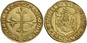 Francesco Donà doge LXXIX, 1545-1553. Scudo, AV 3,37 g. + FRANC DONATO DVX VENETIAR’ Croce ornata e fiorata. Rv. + SANCTVS MARCVS VENETVS Leone in sol...