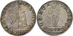 Francesco Donà doge LXXIX, 1545-1553. Mocenigo o lira, AR 6,39 g. FRANCISCVS DONATO S M VENET S. Marco nimbato, stante a s., porge il vessillo al doge...