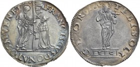 Francesco Donà doge LXXIX, 1545-1553. Mocenigo o lira, AR 6,38 g. FRANCISCVS DONATO S M VENET S. Marco nimbato, stante a s., porge il vessillo al doge...