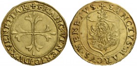 Francesco Venier doge LXXXI, 1554-1556. Scudo, AV 3,40 g. + FRANC’ VENERIO DVX VENETIAR’ Croce ornata e fiorata. Rv. + SANCTVS MARCVS VENETVS Leone in...