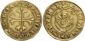 Francesco Venier doge LXXXI, 1554-1556. Mezzo scudo, AV 1,67 g. + FRANC’ VENERIO DVX VENETIAR’ Croce ornata e fiorata. Rv. + SANCTVS MARCVS VENET Leon...