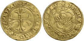 Francesco Venier doge LXXXI, 1554-1556. Mezzo scudo, AV 1,64 g. + FRANC’ VENERIO DVX VENETIAR’ Croce ornata e fiorata. Rv. + SANCTVS MARCVS VENET Leon...