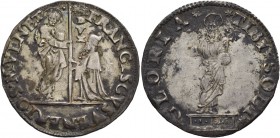 Francesco Venier doge LXXXI, 1554-1556. Mocenigo o lira, AR 6,45 g. FRANCISCVS VENERIO S M VENET S. Marco nimbato, stante a s., porge il vessillo al d...