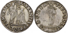 Lorenzo Priuli doge LXXXII, 1556-1559. Mocenigo o lira, AR 6,52 g. LAVRENTIVS PRIOL S M VENET S. Marco nimbato, stante a s., porge il vessillo al doge...