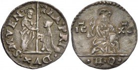 Lorenzo Priuli doge LXXXII, 1556-1559. Da 2 soldi, AR 0,51 g. LA PRIO DVX S M VEN S. Marco nimbato, stante a s., porge il vessillo al doge genuflesso....