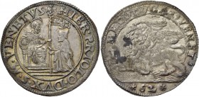 Gerolamo Priuli doge LXXXIII, 1559-1567. Mezzo ducato da 62 soldi, AR 16,10 g. HIER PRIOLO DVX S M VENETVS S. Marco nimbato, seduto in trono a s., por...