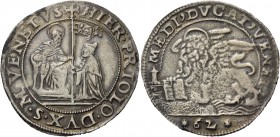 Gerolamo Priuli doge LXXXIII, 1559-1567. Mezzo ducato da 62 soldi, AR 14,73 g. HIER PRIOLO DVX S M VENETVS S. Marco nimbato, seduto in trono a s., por...