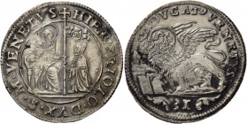 Gerolamo Priuli doge LXXXIII, 1559-1567. Quarto di ducato da 31 soldi, AR 7,95 g. HIER PRIOLO DVX S M VENETVS S. Marco nimbato, seduto in trono a s., ...