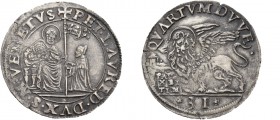 Pietro Loredan doge LXXXIV, 1567-1570. Quarto di ducato da 31 soldi, AR 8,12 g. PET LAVRED DVX S M VENETVS S. Marco nimbato, seduto in trono a s., por...