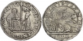 Alvise I Mocenigo doge LXXXV, 1570-1577. Ducato da 124 soldi, AR 32,52 g. ALOYSIVS MOCENIGO DVX S M VENETI S. Marco nimbato, seduto in trono a s., por...