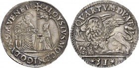 Alvise I Mocenigo doge LXXXV, 1570-1577. Quarto di ducato da 31 soldi, AR 8,13 g. ALOYSIVS MOCENIGO DVX S M VENETI S. Marco nimbato, seduto in trono a...