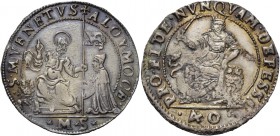 Alvise I Mocenigo doge LXXXV, 1570-1577. Da 40 soldi, AR 8,77 g. ALOY MOCE – S M VENETVS S. Marco nimbato, seduto a s., benedice e porge il vessillo a...